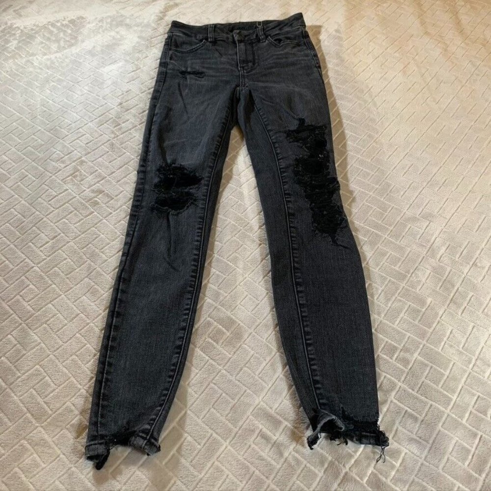 American Eagle Womens 0 Denim Jeans Black Skinny Jegging Distressed Soft Stretch